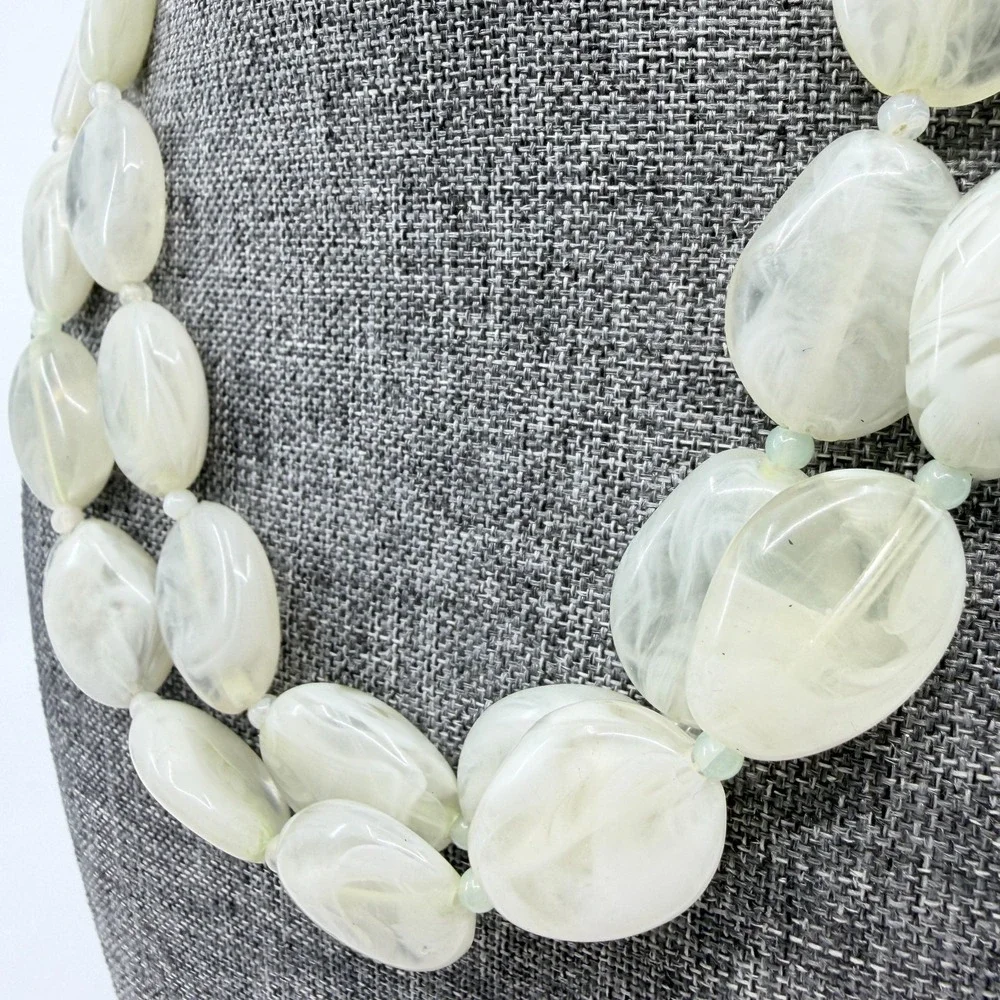 Pale Green Translucent Marbled Bead Double Strand Necklace Statement Jewelry